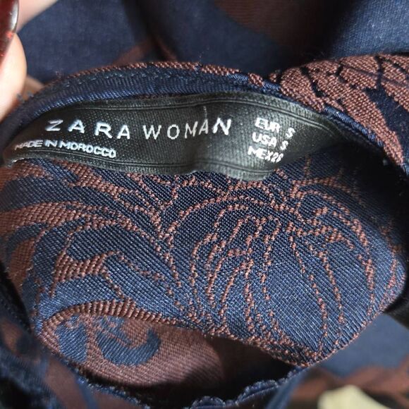 Zara Jacquard Peplum Blouse Women's Size Small Brown Navy - Picture 4 of 4